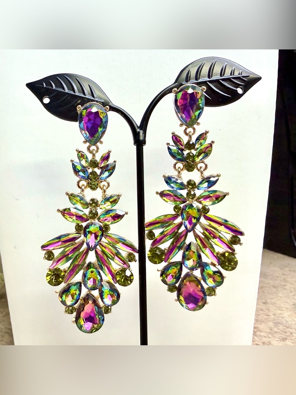 Aurora Borealis iridescent crystals chandelier earrings. - Picture 2 of 4